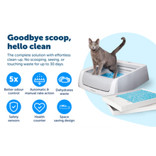 Load image into Gallery viewer, PetSafe ScoopFree Litter Box. 5 x better odour control. Automatic and manual rake action. Dehydrates waste. Safety sensors. Health counter. Space saving design.
